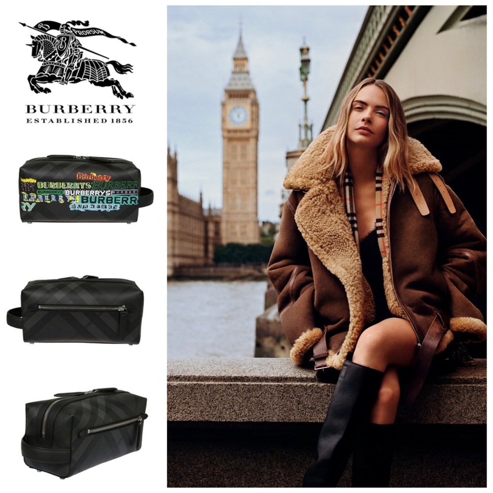 ✨Burberry Black Multicolor Logo Toiletry Bag Unisex Men Women